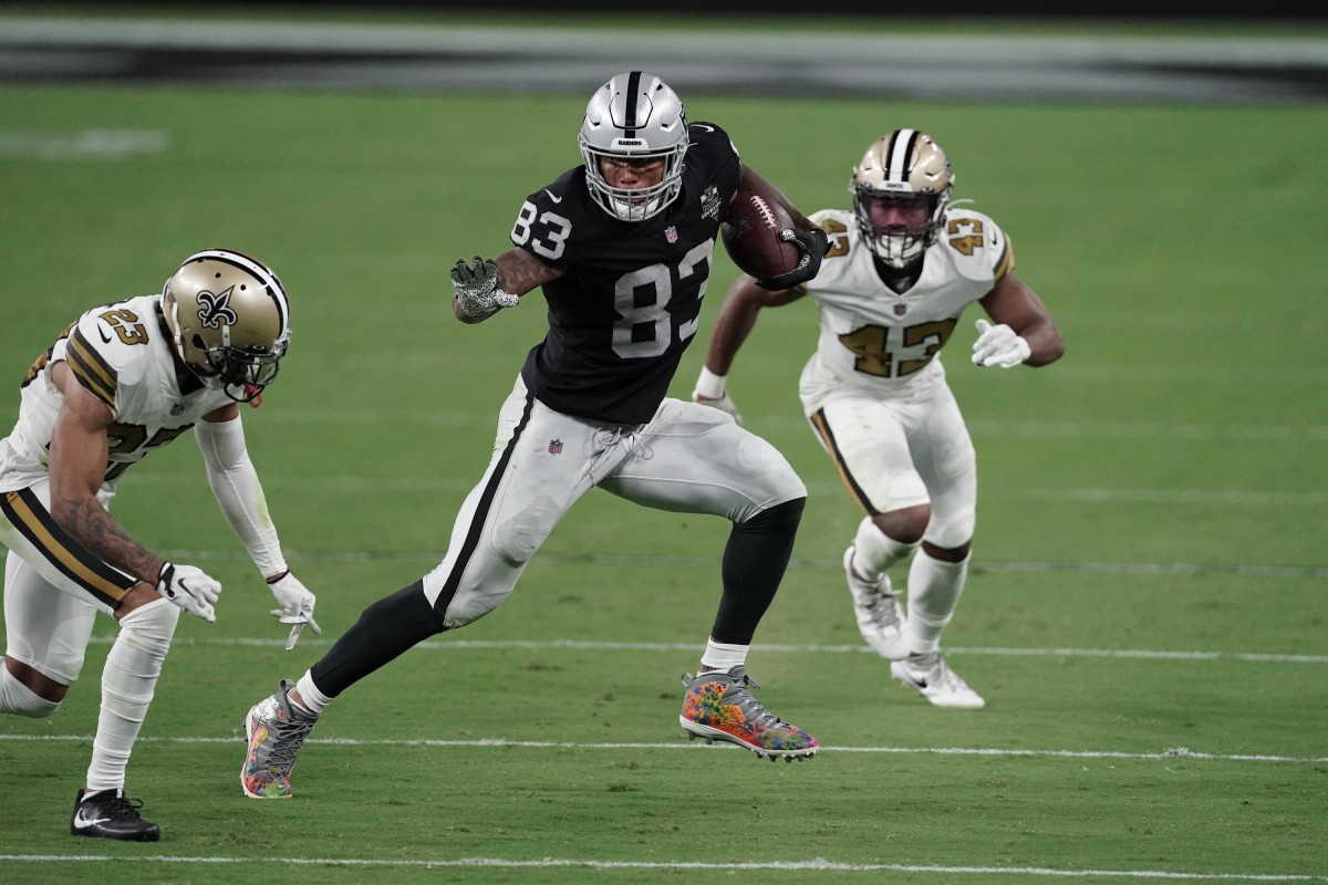 Sep 21, 2020; Las Vegas Raiders tight end Darren Waller (83) after a catch against the New Orleans Saints. Mandatory Credit: Kirby Lee-USA TODAY Sports